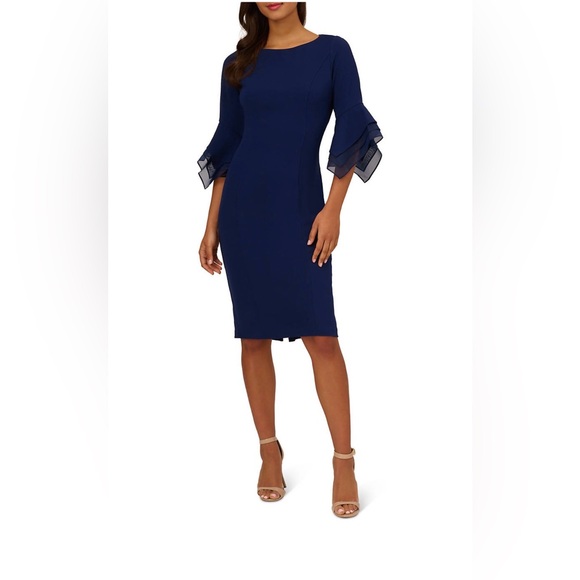 Adrianna Papell Black Women's Boat Neck Bell Sleeve Sheath Dress Size 4